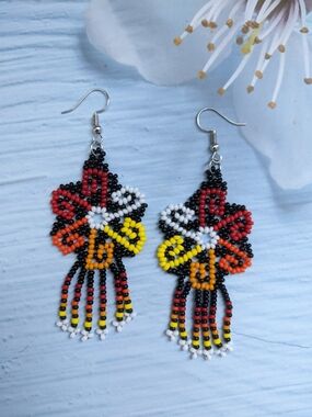 Handmade Beaded Floral Drop Earrings - Black, Red, Yellow & Orange